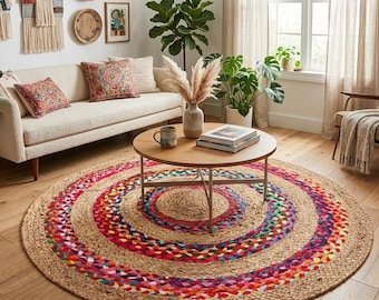 Hand Braided Jute Round Rug, Bohemian Chindi Area Rug, Colorful Abstract Design