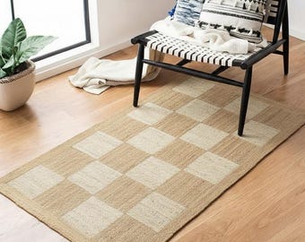 Hand Braided Jute Rug, Checkered Bohemian Decor, Natural Indian Area Rug, Living Room Carpet