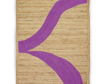 Handmade Braided Jute Rug, Geometric Jute Rug, Bohemian Indian Design, Purple Natural Beige (3x5 5x7Ft)