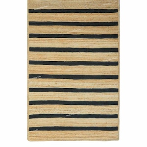 Handgemaakt vloerkleed van natuurlijke jute met zwarte strepen, boho boerderijstijl vloerkleed, boho vloerkleed voor 60x120 cm