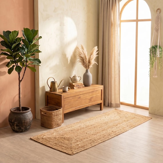 Hand Braided Jute Rug, Natural Bohemian Runner, Modern Hallway Decor