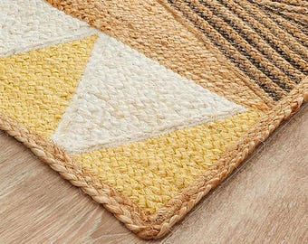 Alfombra trenzada de yute amarillo | Alfombra decorativa moderna de fibra natural estilo suroeste, alfombra para sala de estar