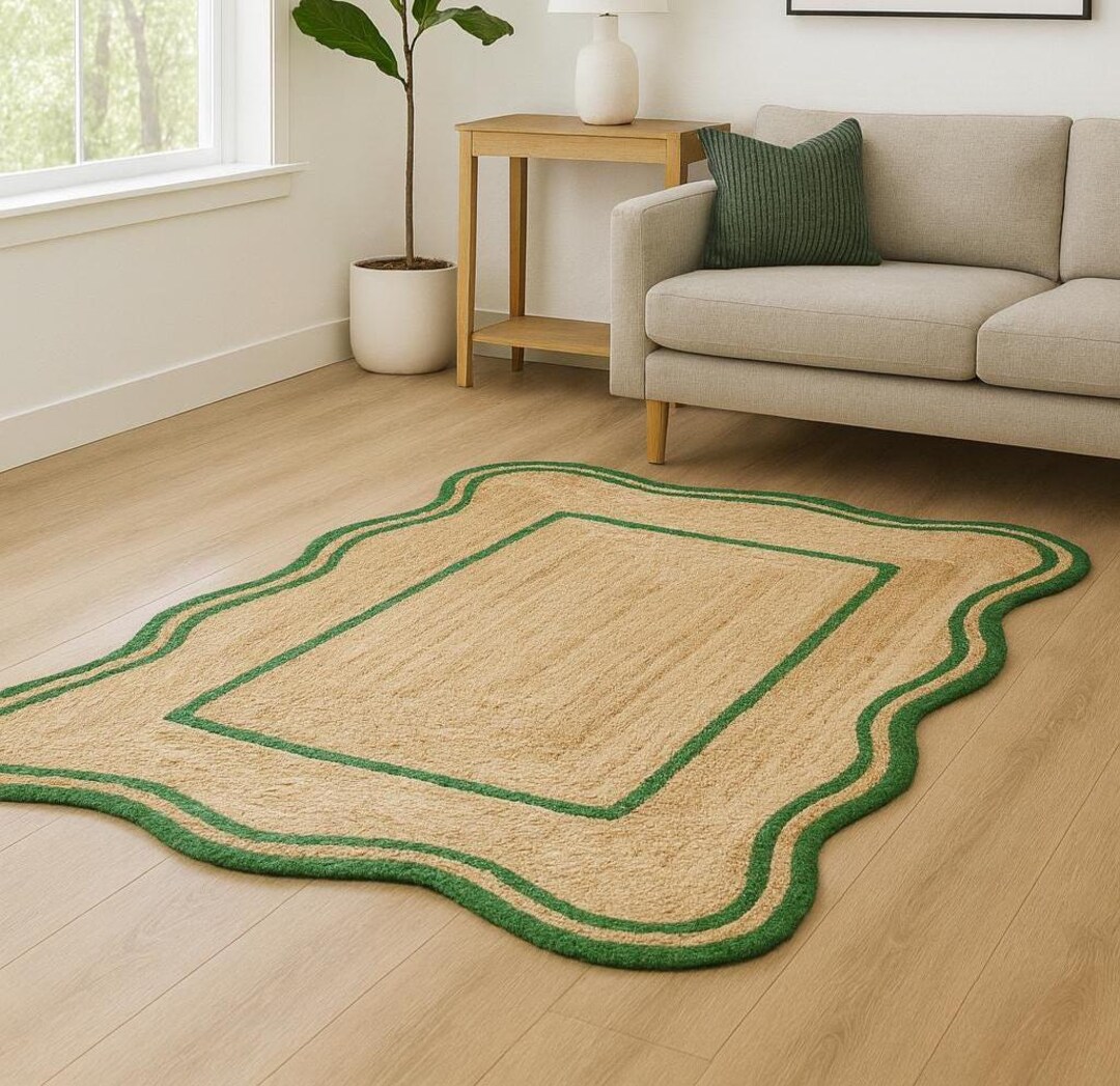 Green Border Jute Rug, Scalloped Green Rug, Scalloped Runner Rug ...