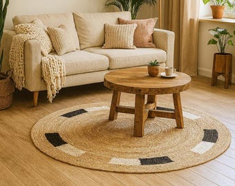 Tapis rond en jute tressé à la main, tapis bohème naturel, tapis rond, tapis pour chambre à coucher
