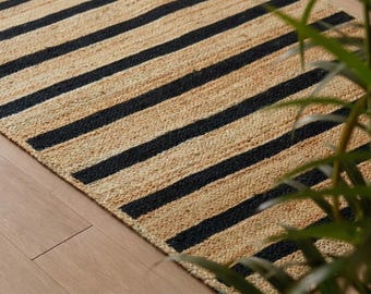 Alfombra de yute a rayas negras, alfombra bohemia trenzada a mano, alfombra para interiores y exteriores.