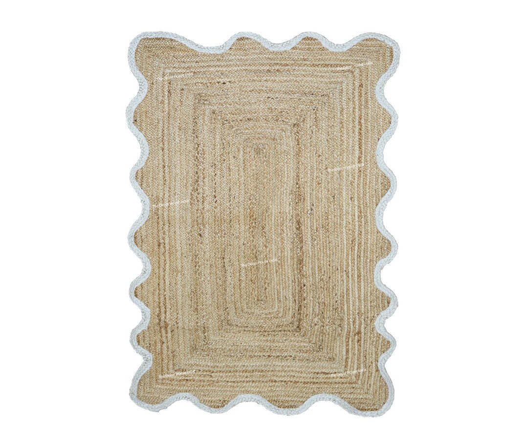 Bordered Jute Rug Jute Area Rug White Bordered Natural Jute Rug Scalloped Rug, Living ...