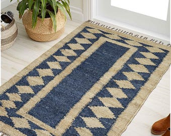 Handwoven Natural Jute Hemp Rug: Blue Diamond Pattern, Eco-Friendly Living Room Area Rug