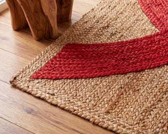 Red Abstract Wave Jute Rug, Handmade Braided Natural Carpet, Modern Geometric Sisal Home Decor