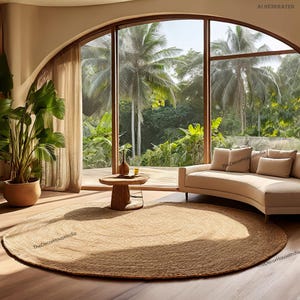 May include: A round, natural fiber rug with a light brown center and a darker brown border. The rug is placed on a wooden floor in a room with a large window overlooking a tropical landscape. The text "TheDecorHouseIndia" is visible on the rug.