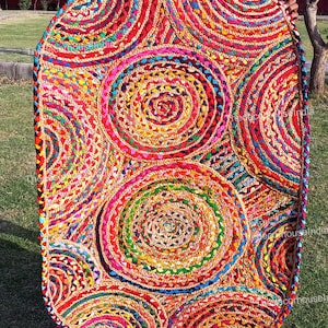 Handmade rugs chindi rug oval rug, Multicolor jute rug, bohemian jute rug, garden jute rug, chindi cotton rug