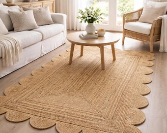 Gegolfd jute vloerkleed, natuurlijk gevlochten, bohemian stijl, handgemaakt in India, woondecoratie