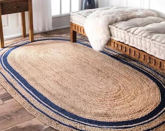 Handgefertigter ovaler Jute-Teppich, marineblauer Rand, geflochtener Naturfaserteppich, Küsten-Landhausstil, Essbereich-Teppich