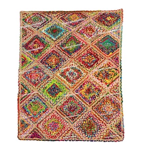 Hand Braided Cotton Chindi Area Rug Hand Braided Jute Multicolor Chindi Rug Cotton Jute Rug Natural Texture Vibrant Colors Rug Living Room