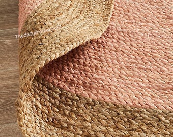 6x6, 7x7 Feet Hand Braided Jute Round Rug, Natural Pink Bohemian Area Mat, Circle Living Room Rug