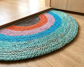 Handgeflochtener Teppich, Treppenvorleger, Naturjute-Teppich, Fußmatte, Outdoor-Teppich, Halbrunder Teppich, Bunte Halbkreise (2x4,