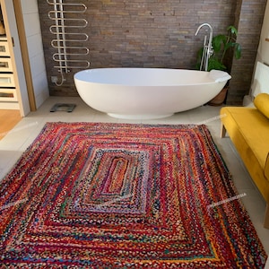 Hand Made Jute Cotton Carpet, Handwoven Bohemian Chindi Rug, Multicolor Rug, Colorful Area Rug, Home Decor Rugs, Chindi Cotton Runners