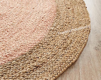 Hand Braided Jute Rug, Pink Beige Bohemian Area Rug, Custom Size, Rugs for Living Room