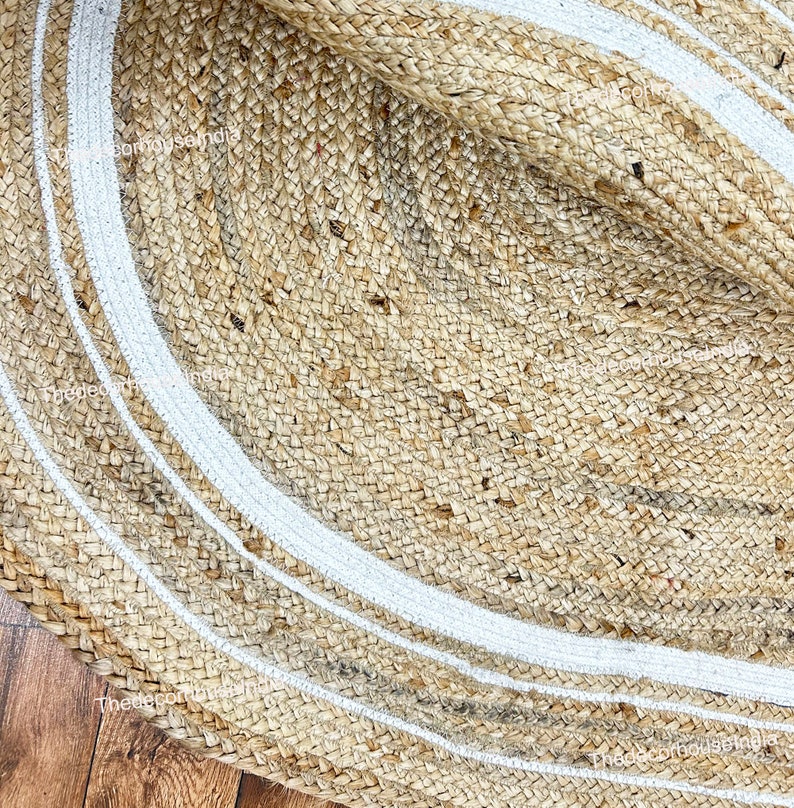 4x6 Feet Jute Oval Rug Indian Hand Braided Jute Oval White Bordered Rug