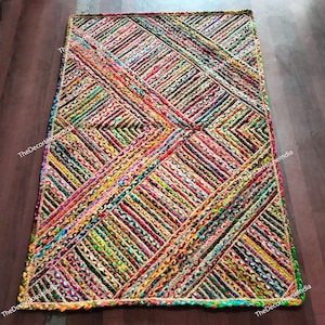 Handmade Chindi Rug Jute Hand Braided Jute Multicolor Chindi Rug Home Decor Living Room Rug Bohemian Decor Rug