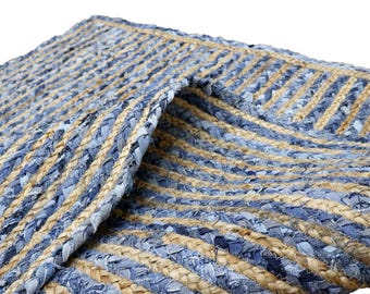 Hand Braided Jute Blue Chindi Rug, Bohemian Area Rug, Custom Size Home Decor, Living Room Carpet
