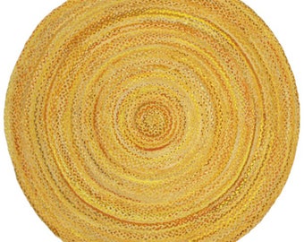 Handmade Round Jute Rug, Bohemian Braided Area, Yellow & Natural Fiber Rug