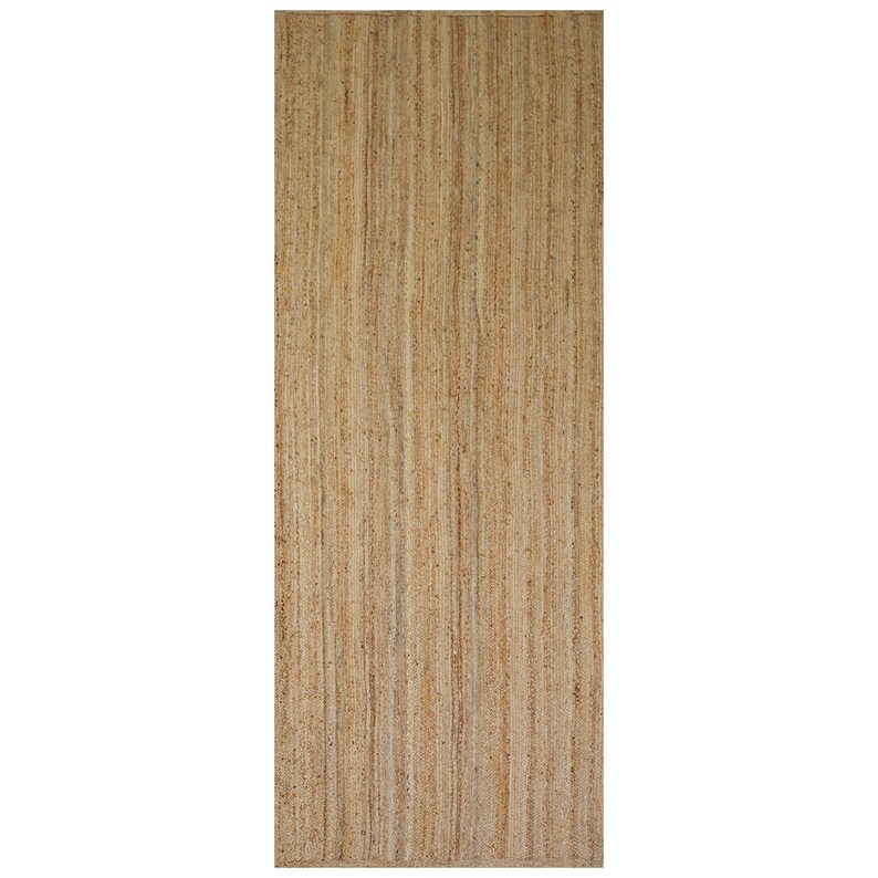May include: A rectangular, natural-toned jute rug with a vertical striped pattern. The rug's texture is visible, showcasing the woven fibers. The neutral color palette makes it suitable for various interior design styles. The rug measures approximately 60 inches wide and 96 inches long.