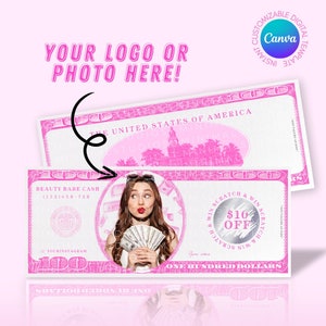 Biglietto gratta e vinci da 100 dollari ROSA / MODIFICABILE / MODELLO / Certificato in contanti, Buono regalo, Lash Tech, Capelli, Trucco, Unghie, Bellezza