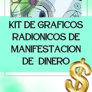 Puede incluir: Una descarga digital de gráficos radiónicos para la manifestación del dinero. La imagen presenta un signo de dólar dorado y un fondo blanco con formas geométricas y símbolos.