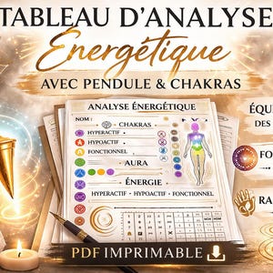 May include: A digital print in French, "Tableau d'Analyse Energétique", featuring a pendulum, chakras, and energy analysis charts. The image includes a golden pendulum, crystals, and a lit candle, with a downloadable PDF option.