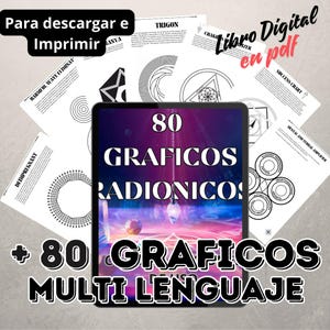 Puede incluir: Una portada de libro digital con un fondo morado, rosa y azul. La portada presenta un péndulo y el texto "80 GRAFICOS RADIONICOS + 80 GRAFICOS MULTI LENGUAJE". La portada también incluye una tableta digital que muestra una variedad de formas geométricas en blanco y negro.