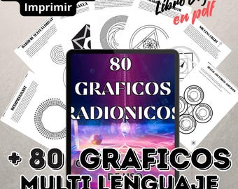 May include: A digital book cover with a purple, pink, and blue background. The cover features a pendulum and the text "80 GRAFICOS RADIONICOS + 80 GRAFICOS MULTI LENGUAJE". The cover also includes a digital tablet displaying a variety of black and white geometric shapes.