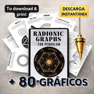 Puede incluir: Imagen de gráficos radiónicos para péndulo, con el texto "RADIONIC GRAPHS FOR PENDULUM". La imagen incluye varios diseños geométricos y el texto "To download & print" y "+ 80 GRÁFICOS". Un péndulo dorado cuelga de una cadena.