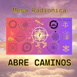 Puede incluir: Un gráfico vibrante con el texto "Mesa Radionica" y "Abre Caminos". El diseño presenta formas geométricas, símbolos y texto en español, sobre un fondo degradado de rosa, naranja y morado.