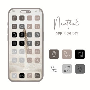 Może przedstawiać: Mockup smartfona z zestawem ikon aplikacji w neutralnych kolorach. Ikony są ułożone w siatkę i obejmują ikony telefonu, muzyki, lokalizacji i wiele innych. Tekst "Neutral app icon set" jest wyświetlany nad ikonami.
