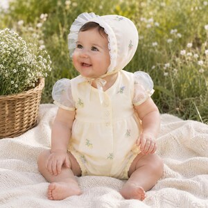 Vintage Baby Beau & Belle Romper: Yellow Cotton, Floral Overlay, Special Occasion Easter