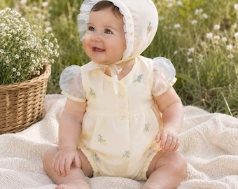 Vintage Baby Beau & Belle Romper: Yellow Cotton, Floral Overlay, Special Occasion Easter