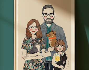 Custom Family Couple or Pet Portrait Illustration | Personalised Art Print Gift