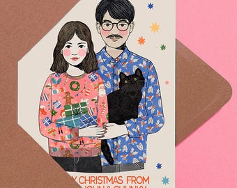 Aangepaste familiekerstkaartportret: retro vakantie-illustratie (digitaal portret)