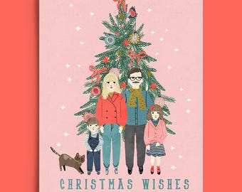 Gepersonaliseerde kerstkaart met familieportret: illustratie van een kerstboom (digitaal)