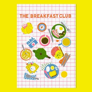 Cartaz do The Breakfast Club | Ilustração de comida | Café da manhã e brunch | Estilo de impressão em risografia | Impressão de cozinha retrô e brilhante | Arte de parede