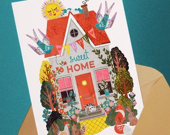 Personalized New Home Card: Cottage, Garden, Farm Animals