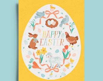 Happy Easter Greeting Card,  Spring Animals and Easter Egg Illustration