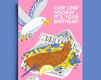 Funny Fish and Chips Birthday Card: Seagull Pun Greeting