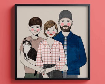 Illustratie op maat van een familieportret, stel of huisdier | Gepersonaliseerde kunstprint als cadeau