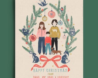 Gepersonaliseerde kerstkaart met familieportret: Scandinavische volkskunst kerstillustratie (digitaal portret)