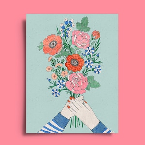 Cartão de saudação de buquê de flores | Cartão de dia das mães | Cartão de aniversário | Para ela | Adicionar mensagem pessoal Ilustração original | Cartão floral bonito