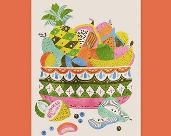 Fruit Bowl Illustration: Retro Scandinavian Kitchen Print - Risograph Print Style