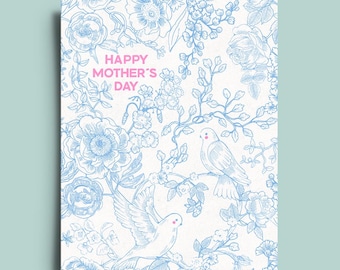 Vintage Style Bird and Flower Mother's Day Card: Hand-drawn Coquette Floral