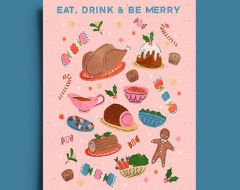 Personalized Christmas Food Cards: Eat, Drink & Be Merry, Pack of 10, Festive Lunch Illustration