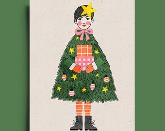 Retro Christmas Greeting Card: Girl in Christmas Tree Coat Art Print